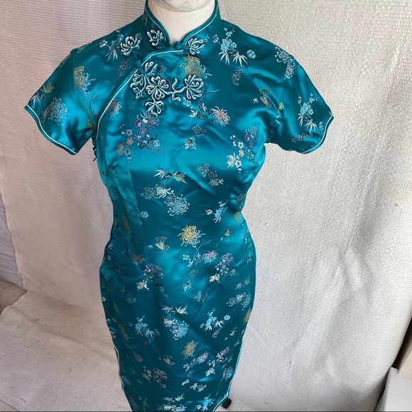 Vintage 6 Asian Print Satin Midi Dress Blue Green - Picture 3 of 8